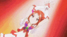 a girl with red hair and a white and purple outfit is flying through the air with her arms outstretched .