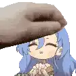a cartoon girl with blue hair is being petting by a cat .