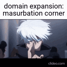 a picture of a man with white hair and blue eyes with the words domain expansion masurbation corner