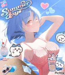 a picture of a girl with blue hair and the words summer days