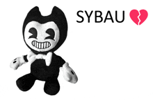 a black and white stuffed animal with a broken heart and the word sybau