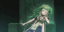 a girl with green hair is sitting on a chair in a dark room .