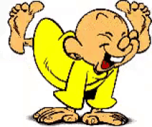 a cartoon character in a yellow shirt is laughing with his feet up .
