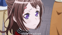 a close up of a girl with purple eyes and the words viole reaction on the bottom