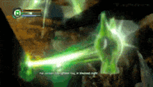 a person is playing a video game with a green light coming out of their mouth .