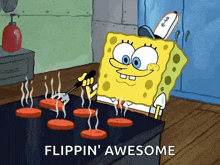 a cartoon of spongebob cooking burgers with the words flippin ' awesome below him