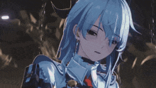 a blue haired anime girl with her eyes closed and a red tie
