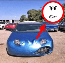 a blue car with an angry face on the front is parked in a lot