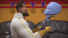 a man and a cartoon character are looking at each other