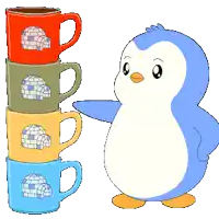 a penguin stands next to a stack of coffee cups with igloos on them