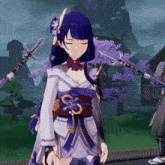 a girl with purple hair and a flower in her hair is holding a sword