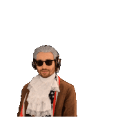 a man in a wig and sunglasses waves his hand