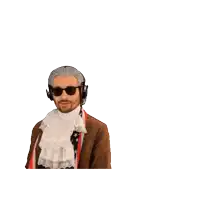 a man in a wig and sunglasses waves his hand