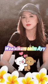 a woman wearing a ny hat and a black shirt that says waalaikum salm ayy