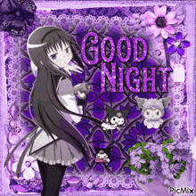 a purple greeting card with a girl and the words " good night "
