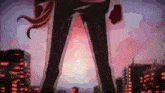 a cartoon character is standing in front of a city with red lights
