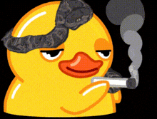 a yellow rubber duck is smoking a cigarette and wearing a bandana
