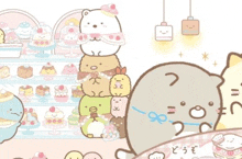 a group of cartoon characters are standing next to each other in front of a bakery .