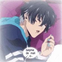 a boy is laying on a bed with a speech bubble that says ' belphie de mali ' on it .