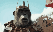 a close up of a gorilla wearing a crown and armor from the movie archives of the apes
