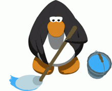 a penguin is mopping the floor with a mop