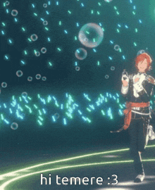 a video game character is standing in front of bubbles and the words hi temere 3