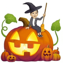 a witch is sitting on top of a carved pumpkin holding a broom .