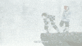 a man in a mask is standing next to a boy in a plaid shirt who is jumping in the air and says get in there