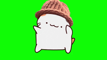 a white cartoon character wearing a brown knitted hat on a green screen .
