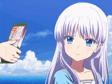 a girl with white hair and blue eyes is looking at a person holding a candy bar that says " strawberry "