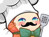 a cartoon of a chef with a mustache and bow tie holding a spatula .