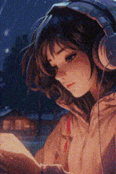 a girl wearing headphones is reading a book at night