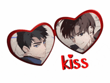 two hearts with a picture of a man and the word kiss