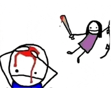 a cartoon of a girl holding a bat and a man with blood on his head .