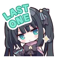 a sticker of a girl with long black hair and blue eyes says last one