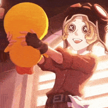 a cartoon girl is holding a stuffed duck in her hands .