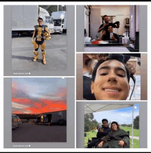 a collage of photos shows a man in a robot costume standing in front of a truck .