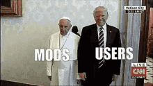 two men are standing next to each other and the words mods and users are on the screen .