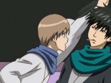 two anime characters are standing next to each other