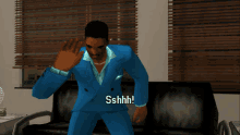 a man in a blue suit is saying sshhh