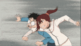 a cartoon of a boy and a girl fighting with each other