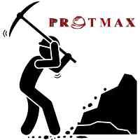 a black and white drawing of a man with a pickaxe and the word protmax in red