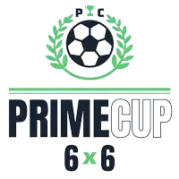 a logo for the primecup 6x6 with a soccer ball and laurel wreath