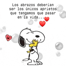 a cartoon of snoopy hugging woodstock with a quote in spanish behind him