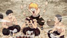 a group of anime characters are sitting around a fire and one of them has a yellow haircut