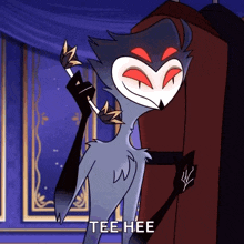 a cartoon character is holding a feather and says tee hee