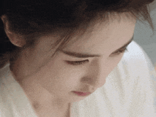 a close up of a woman 's face with her eyes closed .