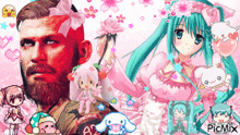 a man with a beard is surrounded by anime characters including a girl in a pink dress