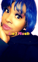 a woman with blue hair has the words i 'm 2 much above her face