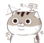 a cartoon cat is standing next to a triangle and a math problem on its head .